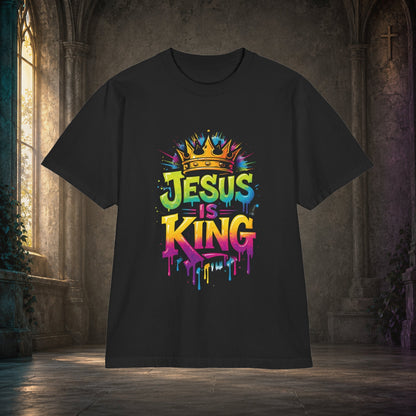 Jesus Is King Christian graffiti T-shirt in Black – front view; this edition also has a cross printed on the back.