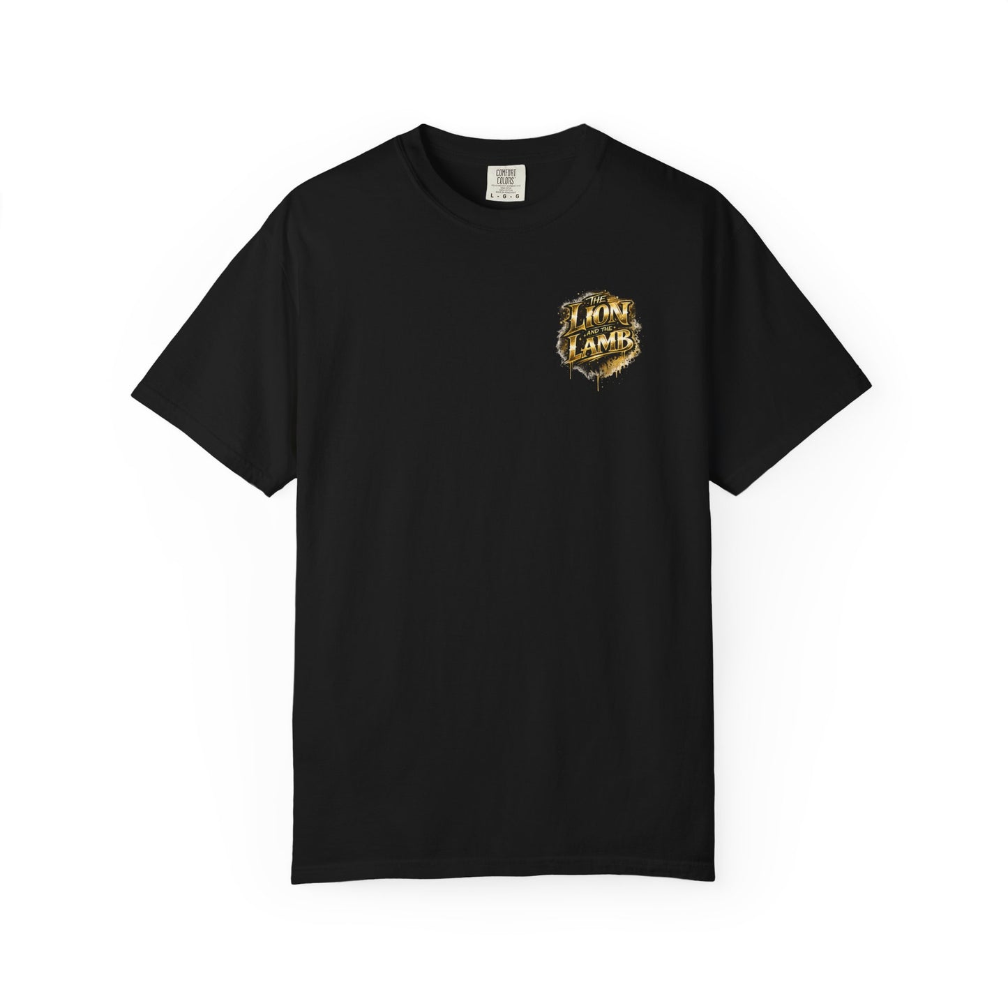 Lion and Lamb Christian T-Shirt | Faith-Based Graffiti Streetwear Tee | Gold Urban Christian Graphic Shirt | Religious Lion Lamb Apparel