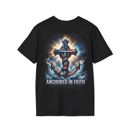 Anchored in Faith Christian T-Shirt | Patriotic Cross & Anchor Graphic Tee | American Flag Faith Shirt