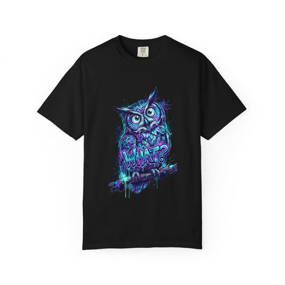 Owl 'What?' Graphic T-Shirt — Neon Grunge Owl Tee for Nightlife & Streetwear