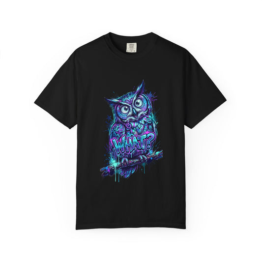 Owl 'What?' Graphic T-Shirt — Neon Grunge Owl Tee for Nightlife & Streetwear