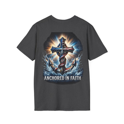 Anchored in Faith Christian T-Shirt | Patriotic Cross & Anchor Graphic Tee | American Flag Faith Shirt