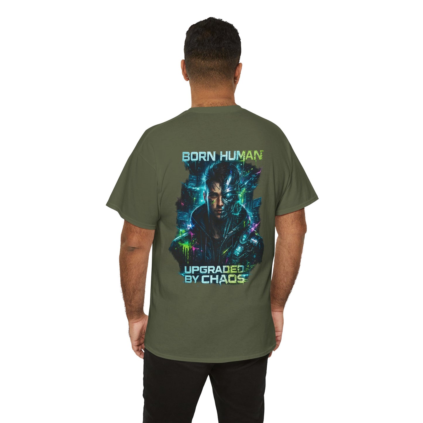 Synth Rebellion Cyberpunk T-Shirt | Born Human Upgraded by Chaos Futuristic Graphic Tee