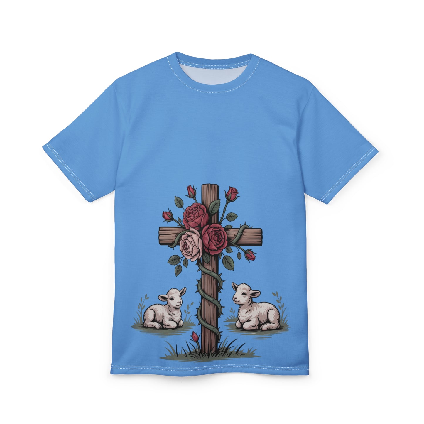 Easter Cross Tee — Rose-Wrapped Cross with Lambs All-Over Print