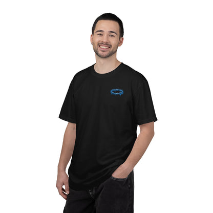 Graphic T-Shirt — Blue Barbed Halo with 'Sovereign' Bubble Letter Back Print
