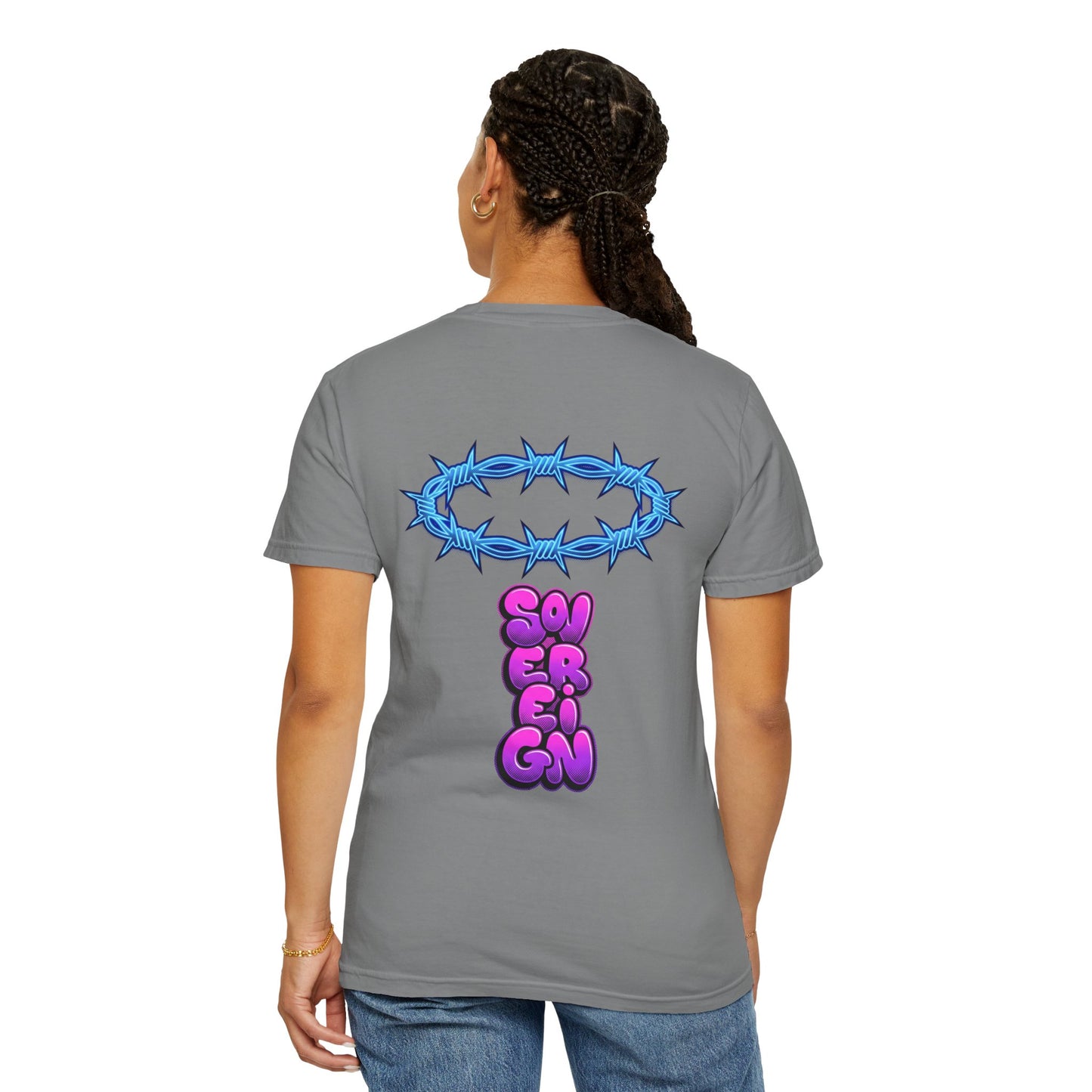 Graphic T-Shirt — Blue Barbed Halo with 'Sovereign' Bubble Letter Back Print