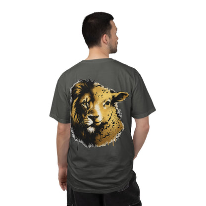Lion and Lamb Christian T-Shirt | Faith-Based Graffiti Streetwear Tee | Gold Urban Christian Graphic Shirt | Religious Lion Lamb Apparel