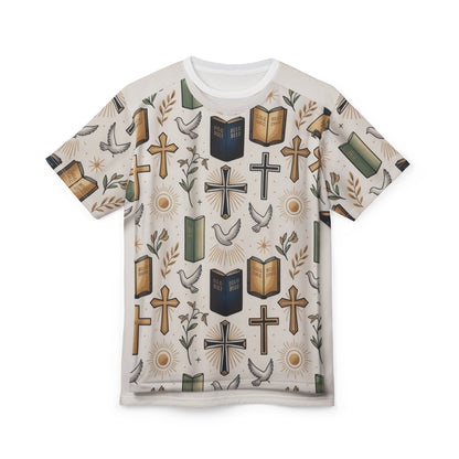 Christian Faith All-Over Print Tee — Crosses, Bibles & Doves Pattern