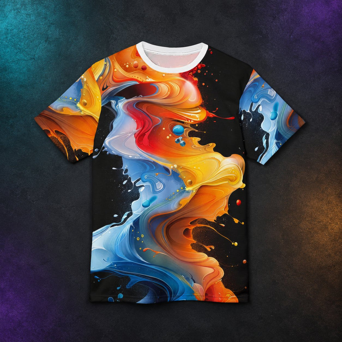 Abstract fluid art all-over print T-shirt, flat front view on a charcoal surface with teal and amber lighting.