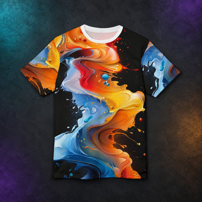 Abstract fluid art all-over print T-shirt, flat front view on a charcoal surface with teal and amber lighting.