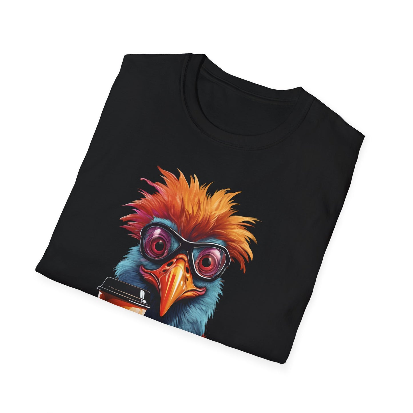Coffee Bird T-Shirt — Quirky Colorful Bird Holding Coffee Graphic Tee