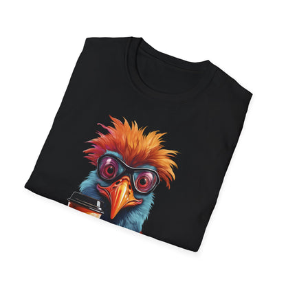 Coffee Bird T-Shirt — Quirky Colorful Bird Holding Coffee Graphic Tee