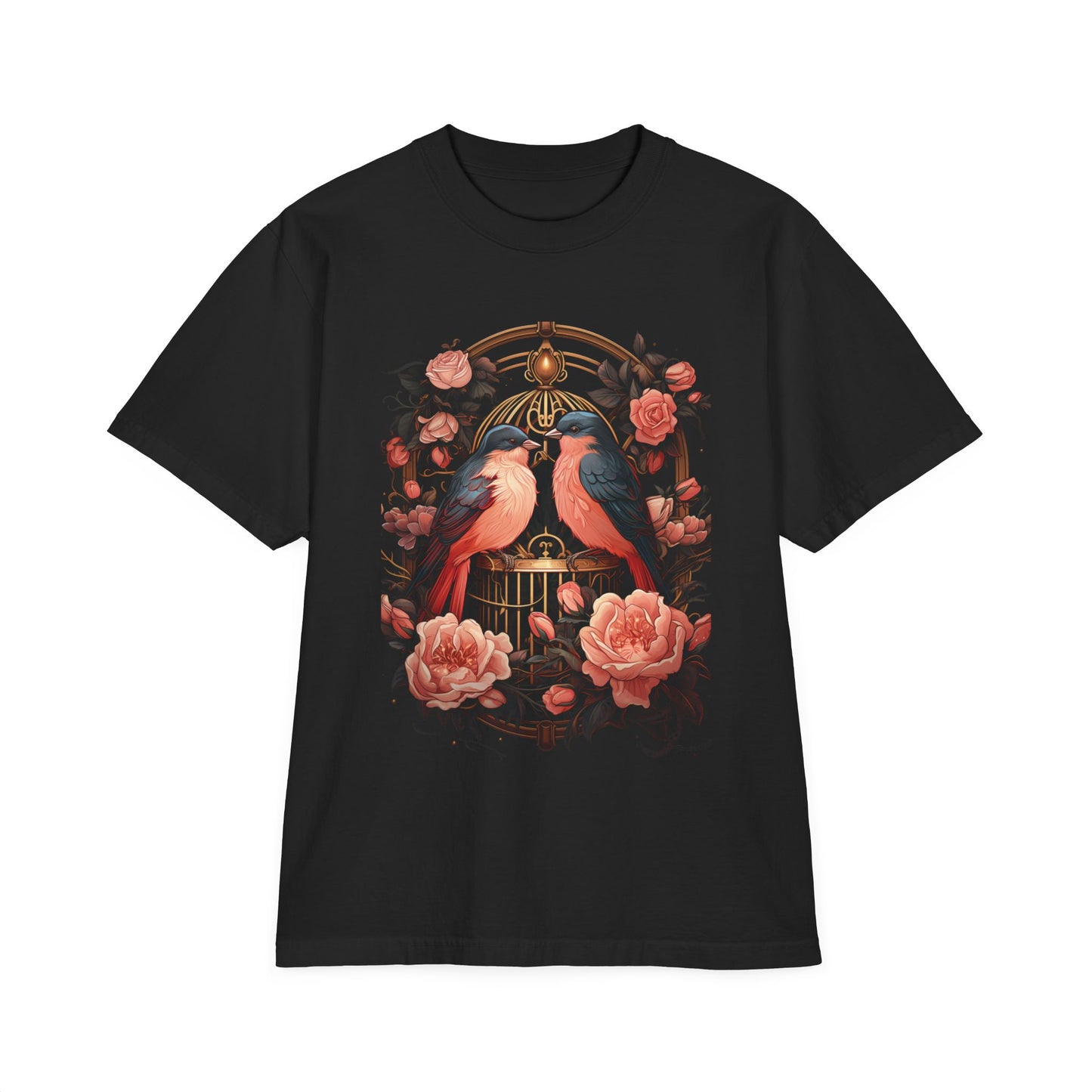 Vintage Birdcage Floral T-Shirt – Romantic Birds Graphic Tee, Cottagecore Aesthetic Shirt, Soft Nature Lover Gift