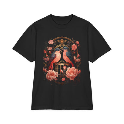 Vintage Birdcage Floral T-Shirt – Romantic Birds Graphic Tee, Cottagecore Aesthetic Shirt, Soft Nature Lover Gift