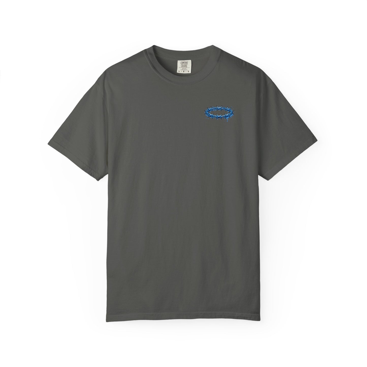 Graphic T-Shirt — Blue Barbed Halo with 'Sovereign' Bubble Letter Back Print
