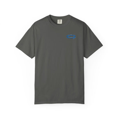 Graphic T-Shirt — Blue Barbed Halo with 'Sovereign' Bubble Letter Back Print