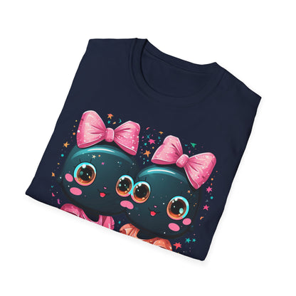 Cute Gothic Twin Dolls T-Shirt — Matching Pink Bow Kawaii Design
