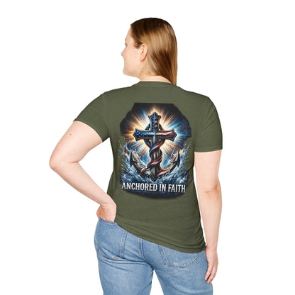 Anchored in Faith Christian T-Shirt | Patriotic Cross & Anchor Graphic Tee | American Flag Faith Shirt