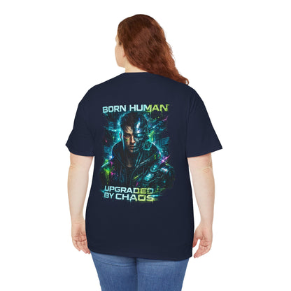 Synth Rebellion Cyberpunk T-Shirt | Born Human Upgraded by Chaos Futuristic Graphic Tee