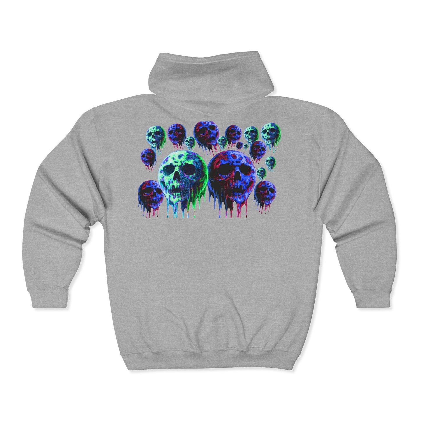 Dripping Neon Skull Zip Hoodie — Glowing Horror Graphic Full-Zip Sweatshirt