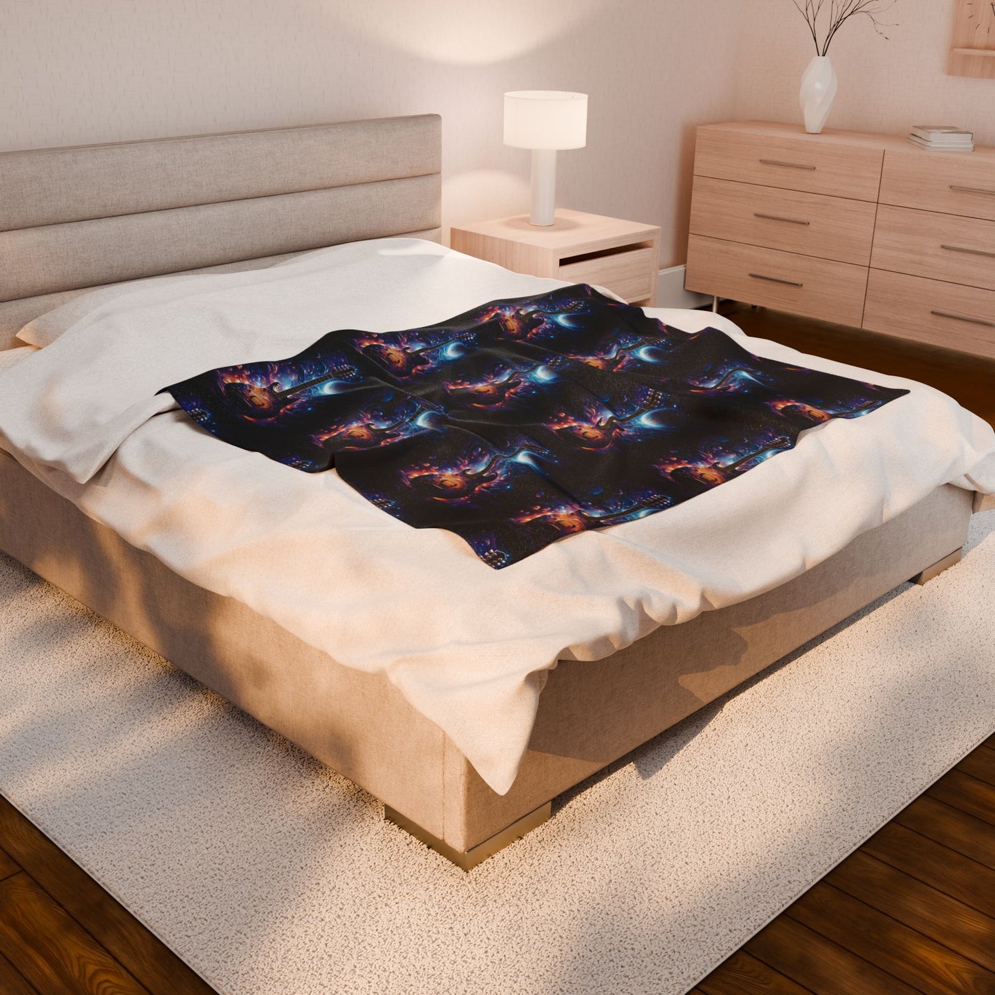 Cosmic Guitar Velveteen Plush Blanket | Soft Throw for Music Lovers, Warm Home Decor, Gift for Musicians, Starry Night Blanket