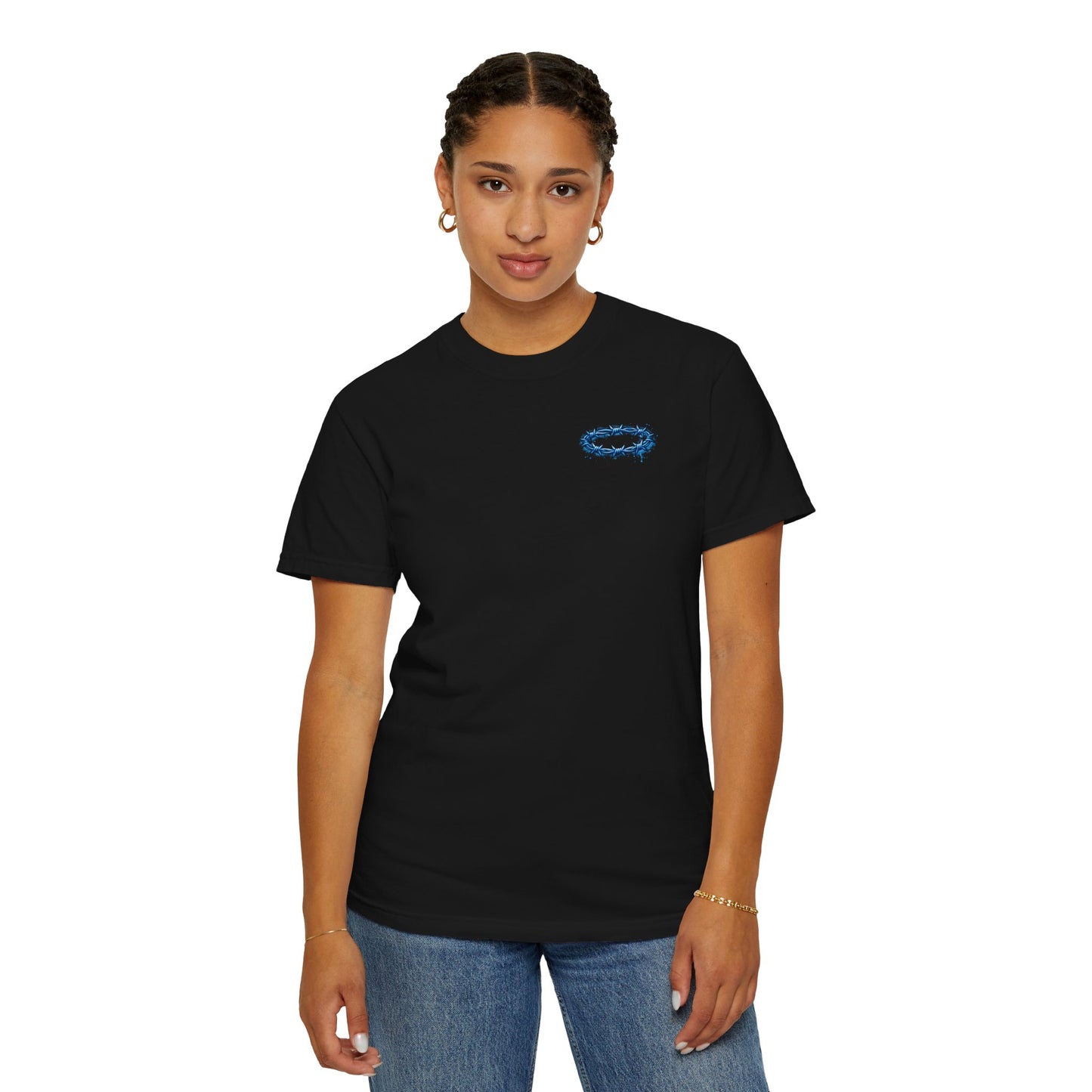Graphic T-Shirt — Blue Barbed Halo with 'Sovereign' Bubble Letter Back Print