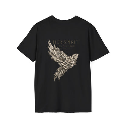 Her Spirit Has No Cage T-Shirt | Floral Bird Graphic Tee, Women's Freedom Shirt, Vintage Boho Nature Design