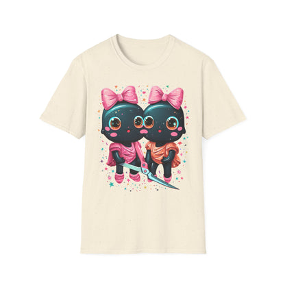 Cute Gothic Twin Dolls T-Shirt — Matching Pink Bow Kawaii Design