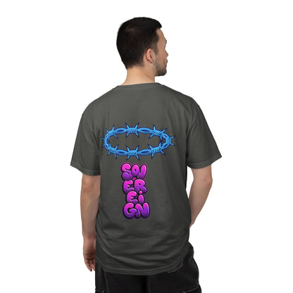 Graphic T-Shirt — Blue Barbed Halo with 'Sovereign' Bubble Letter Back Print