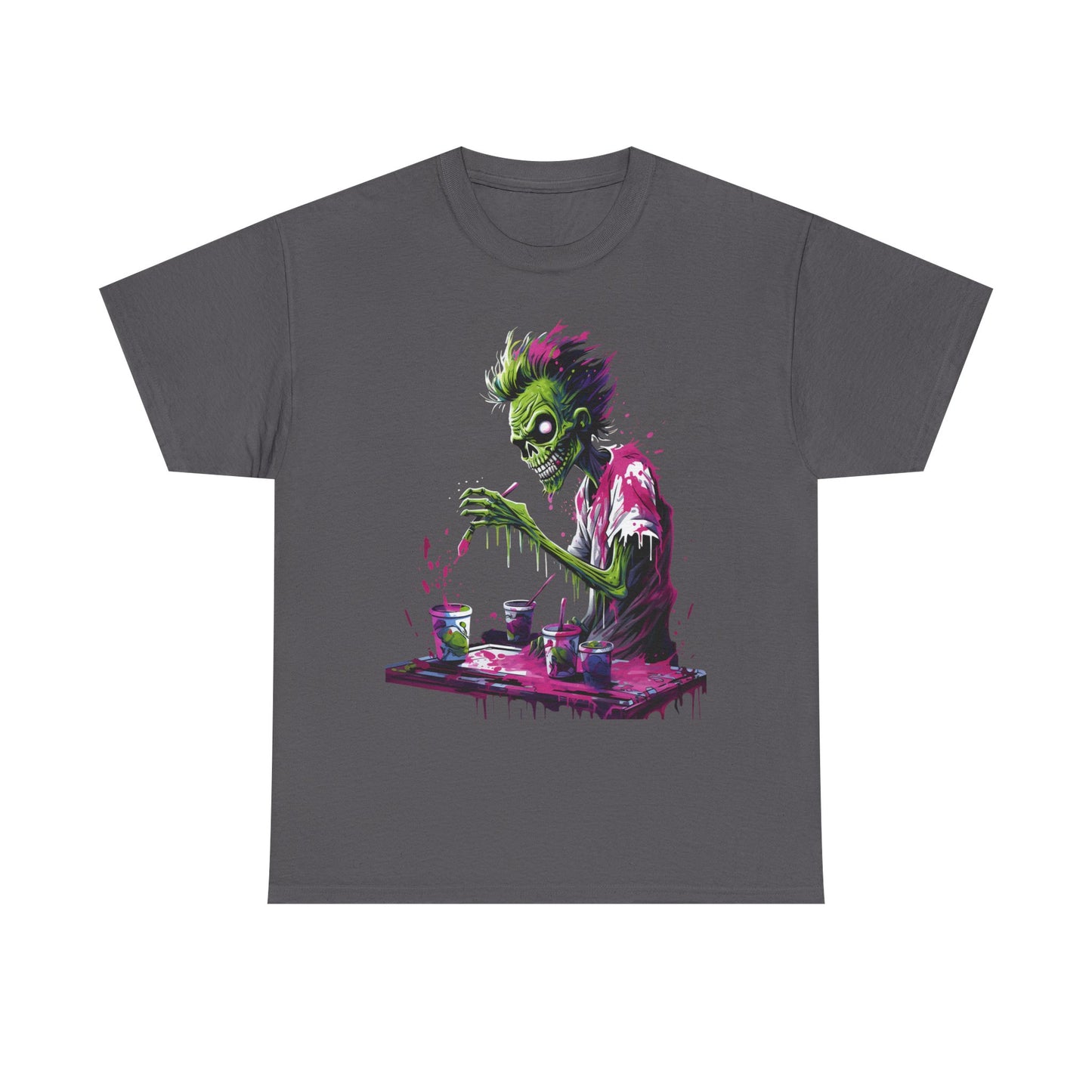 Zombie Painter Graphic Tee — Neon Horror Art T-Shirt