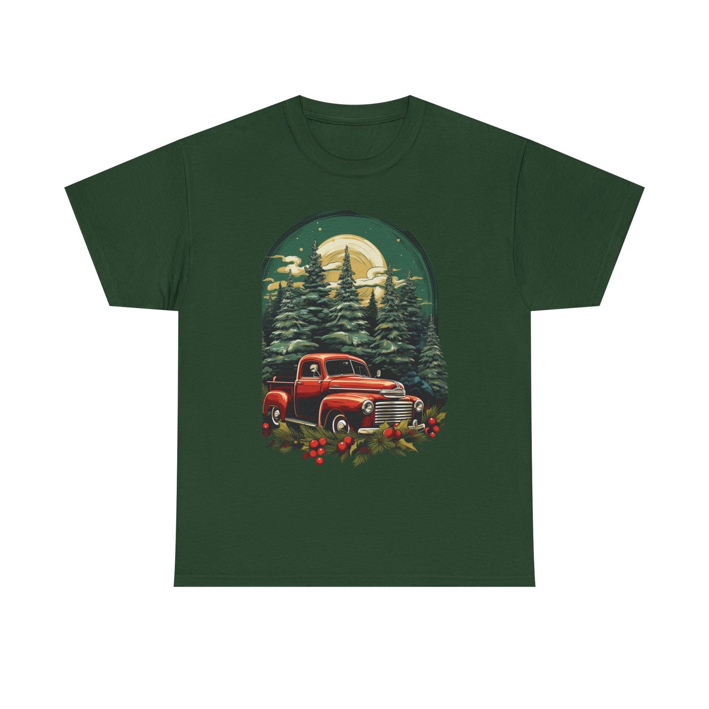 Vintage Red Truck Christmas Tee — Retro Holiday Truck with Evergreen Forest & Berries