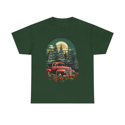 Vintage Red Truck Christmas Tee — Retro Holiday Truck with Evergreen Forest & Berries