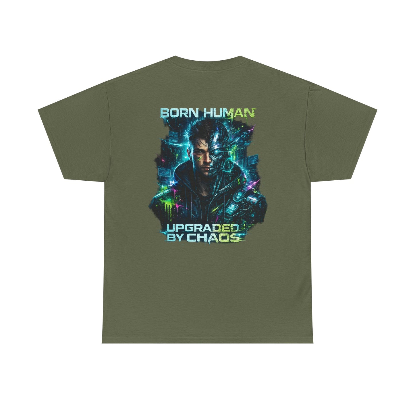 Synth Rebellion Cyberpunk T-Shirt | Born Human Upgraded by Chaos Futuristic Graphic Tee