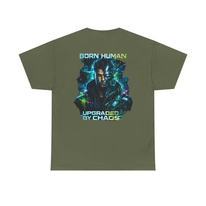 Synth Rebellion Cyberpunk T-Shirt | Born Human Upgraded by Chaos Futuristic Graphic Tee