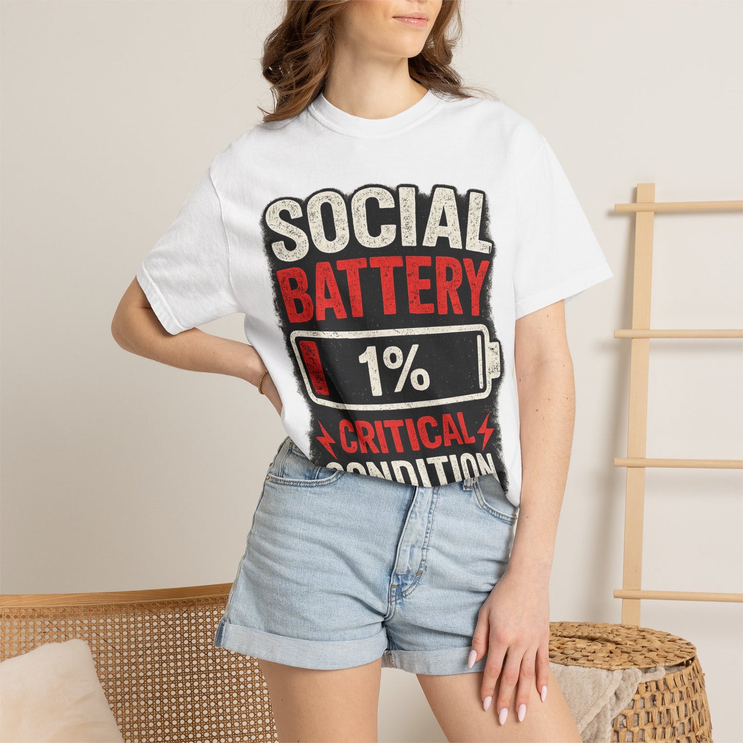 T-Shirt — "Social Battery 1% Critical Condition" Graphic Tee