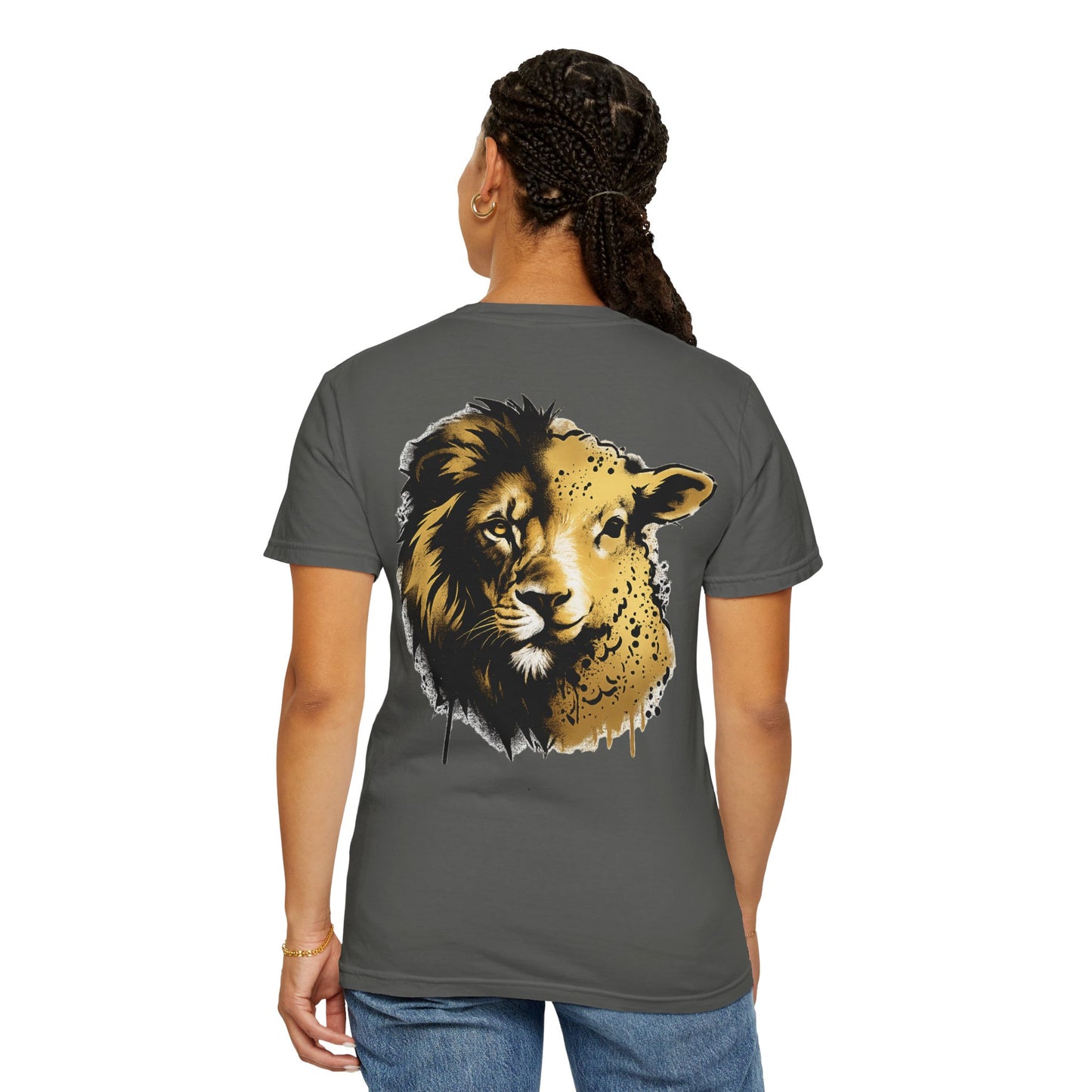 Lion and Lamb Christian T-Shirt | Faith-Based Graffiti Streetwear Tee | Gold Urban Christian Graphic Shirt | Religious Lion Lamb Apparel