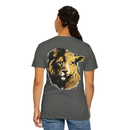 Lion and Lamb Christian T-Shirt | Faith-Based Graffiti Streetwear Tee | Gold Urban Christian Graphic Shirt | Religious Lion Lamb Apparel
