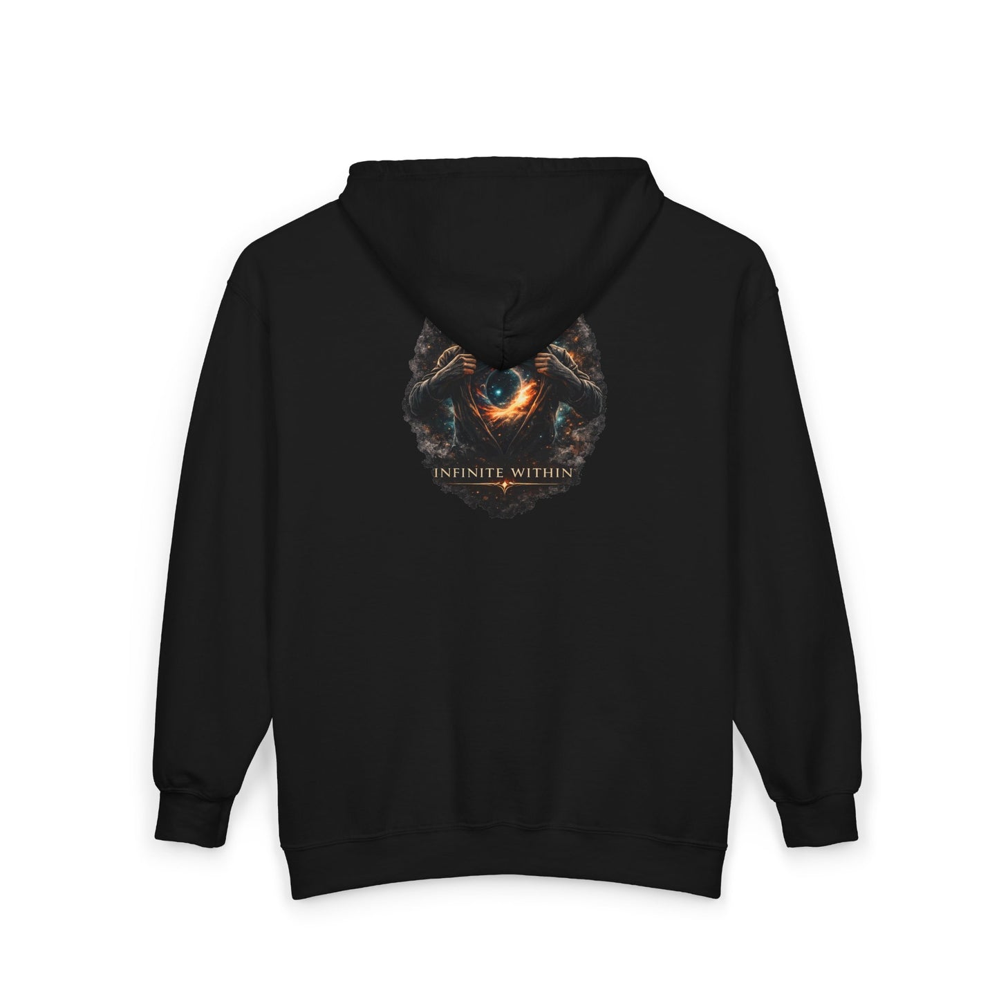 Infinite Within Black Zip Hoodie — Cosmic Eye Graphic Zip-Up