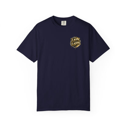 Lion and Lamb Christian T-Shirt | Faith-Based Graffiti Streetwear Tee | Gold Urban Christian Graphic Shirt | Religious Lion Lamb Apparel