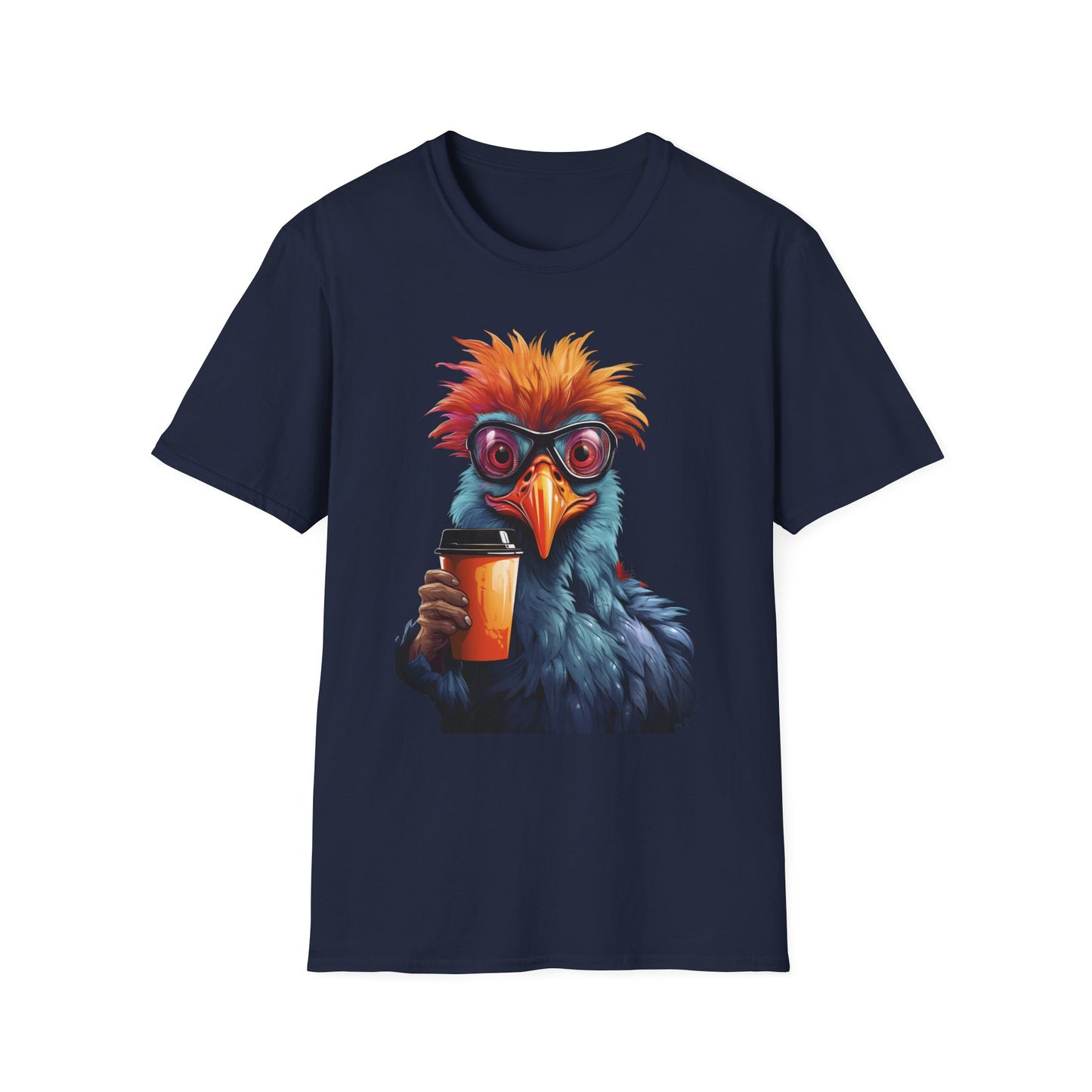 Coffee Bird T-Shirt — Quirky Colorful Bird Holding Coffee Graphic Tee