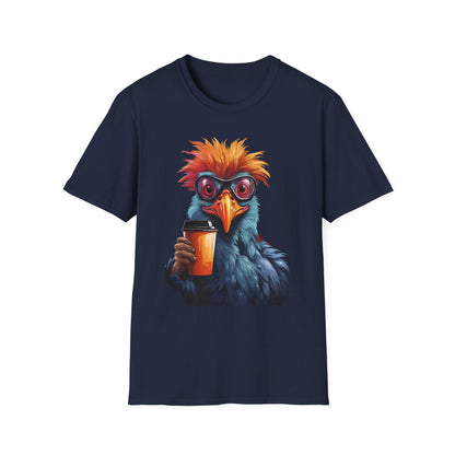 Coffee Bird T-Shirt — Quirky Colorful Bird Holding Coffee Graphic Tee