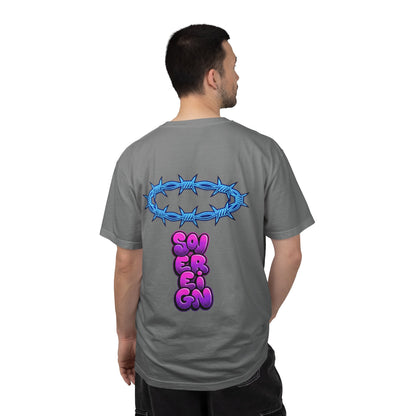 Graphic T-Shirt — Blue Barbed Halo with 'Sovereign' Bubble Letter Back Print
