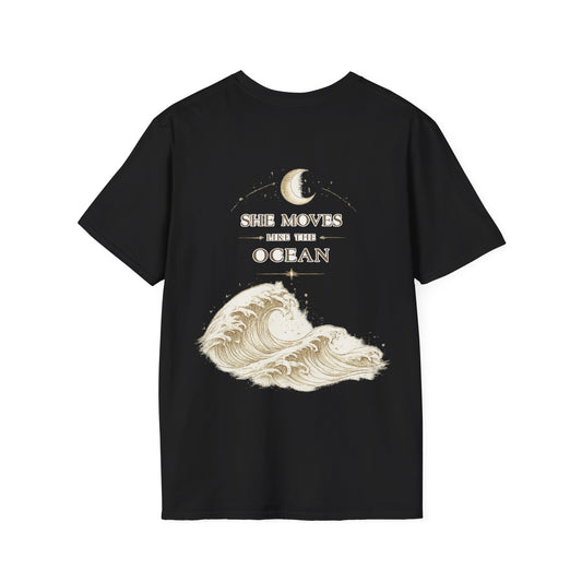 She Moves Like the Ocean Moon & Wave T-Shirt - back graphic