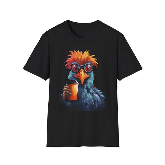Coffee Bird T-Shirt — Quirky Colorful Bird Holding Coffee Graphic Tee