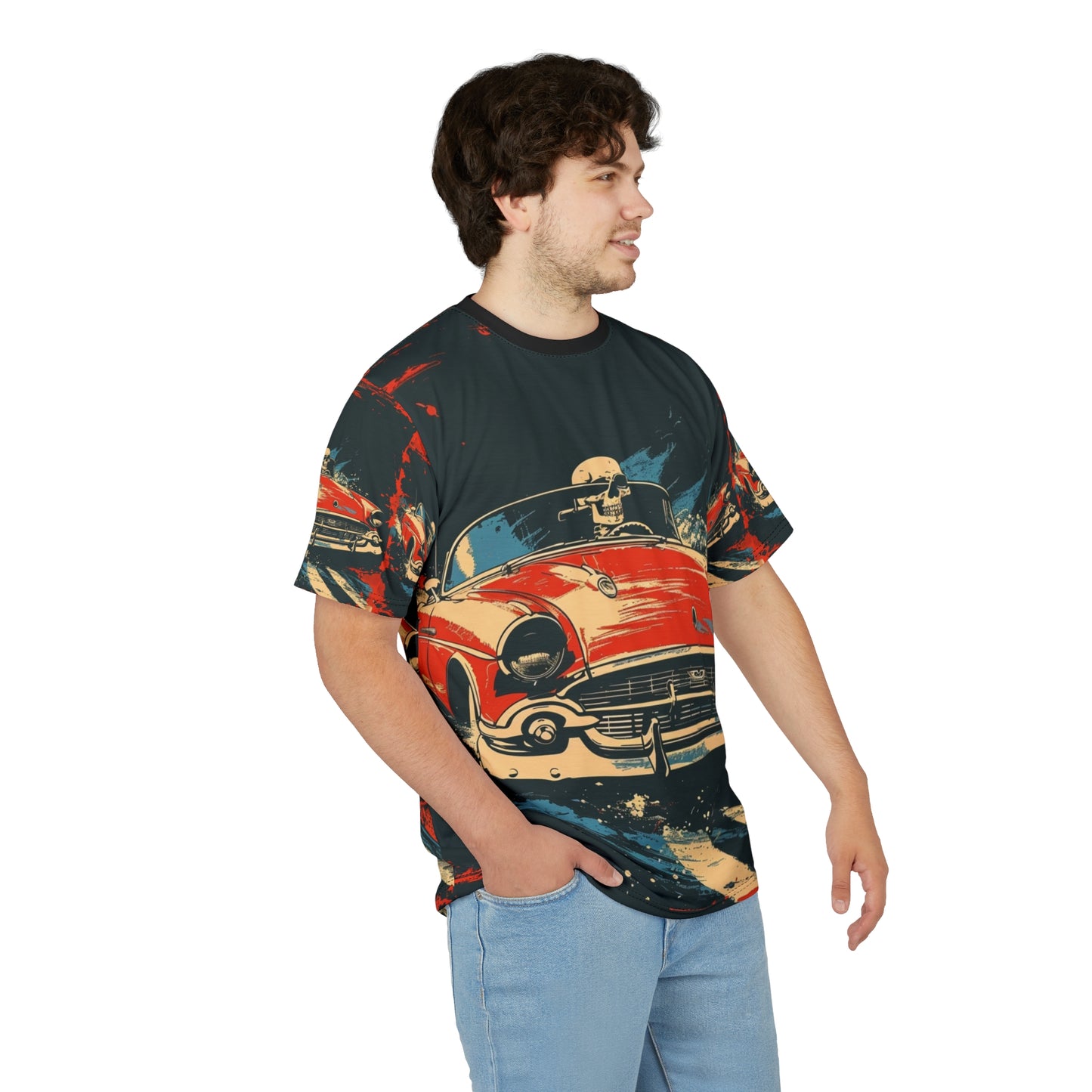 Vintage Red Convertible Tee — Retro Skull Driver All-Over Print