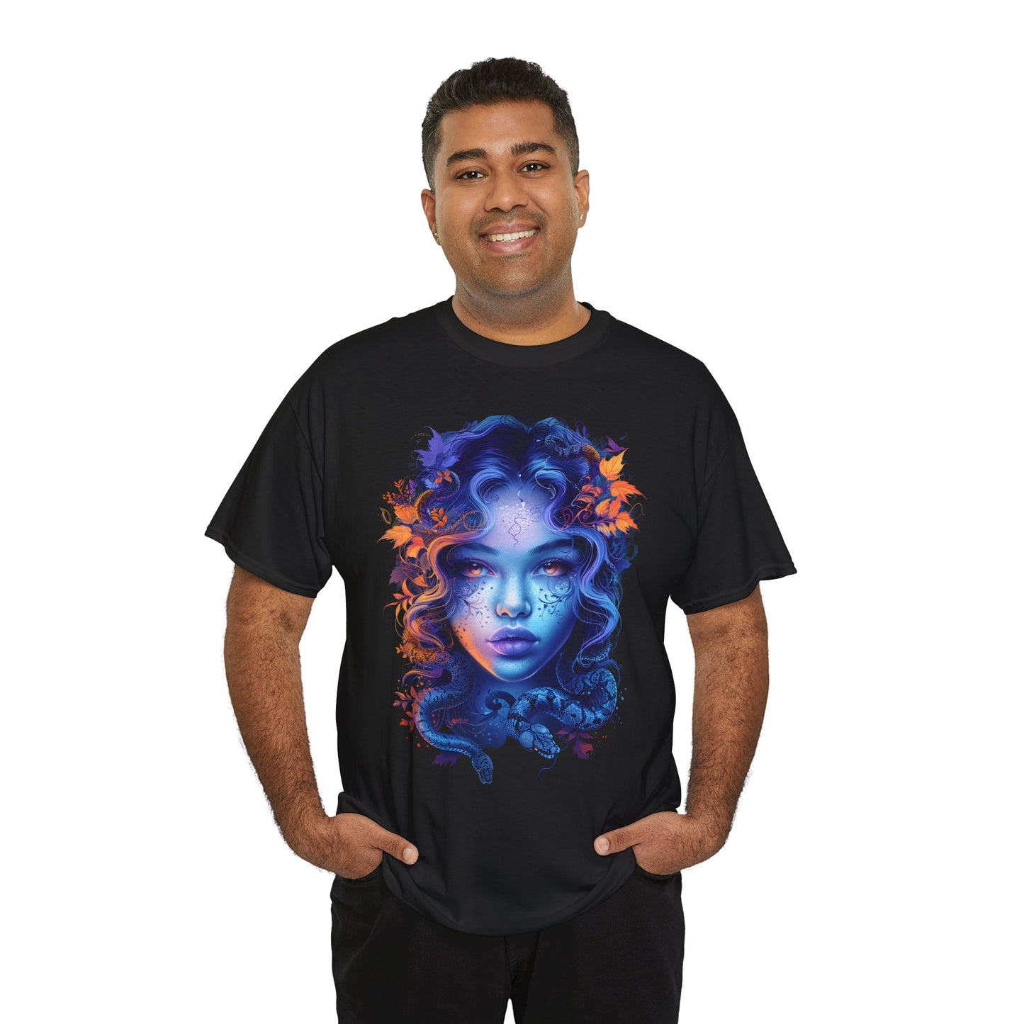 Medusa Moonlight Graphic Tee — Neon Mythical Woman Art T-Shirt
