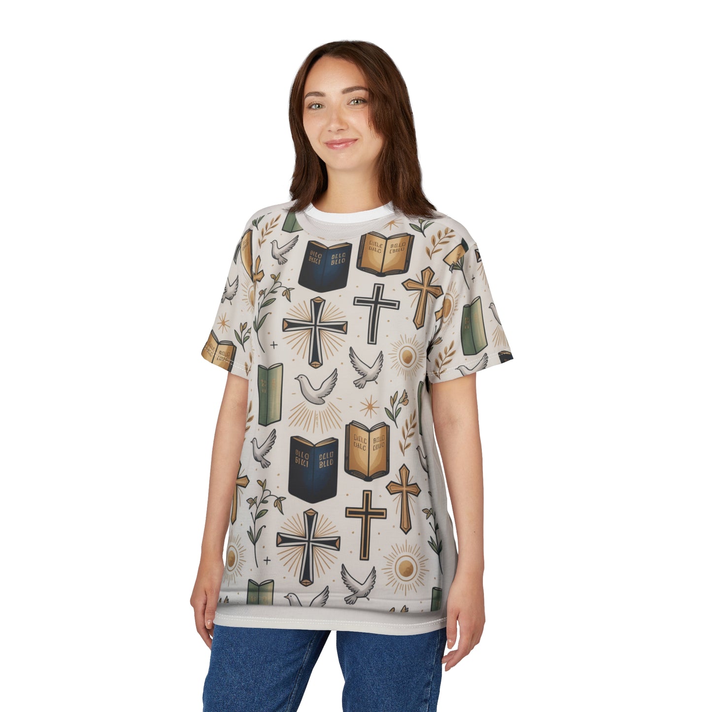 Christian Faith All-Over Print Tee — Crosses, Bibles & Doves Pattern