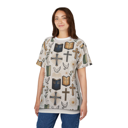 Christian Faith All-Over Print Tee — Crosses, Bibles & Doves Pattern