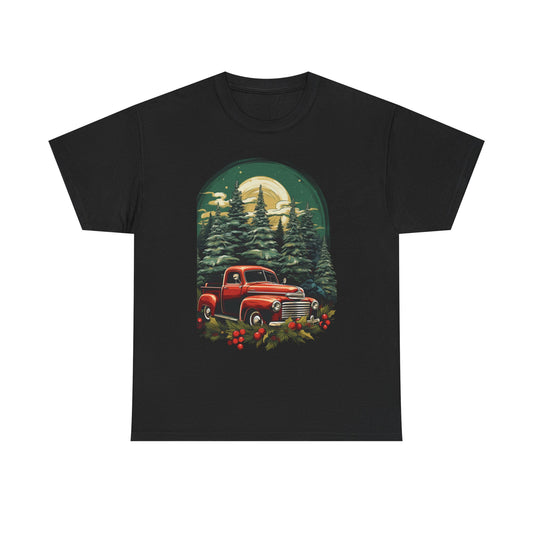 Vintage Red Truck Christmas Tee — Retro Holiday Truck with Evergreen Forest & Berries