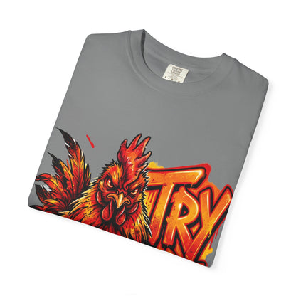 Try Me Rooster T-Shirt — Fiery Graphic Tee for Bold Attitude